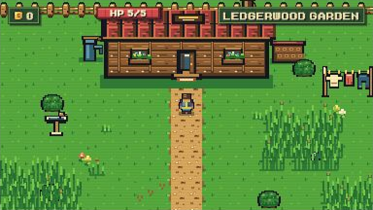The player standing outside the garden house