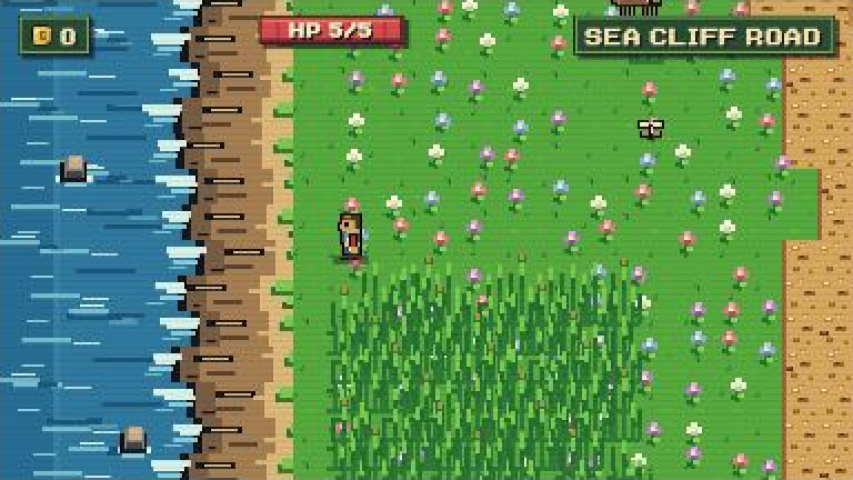 The player in the flower fields between the city and the temple, looking west over the ocean